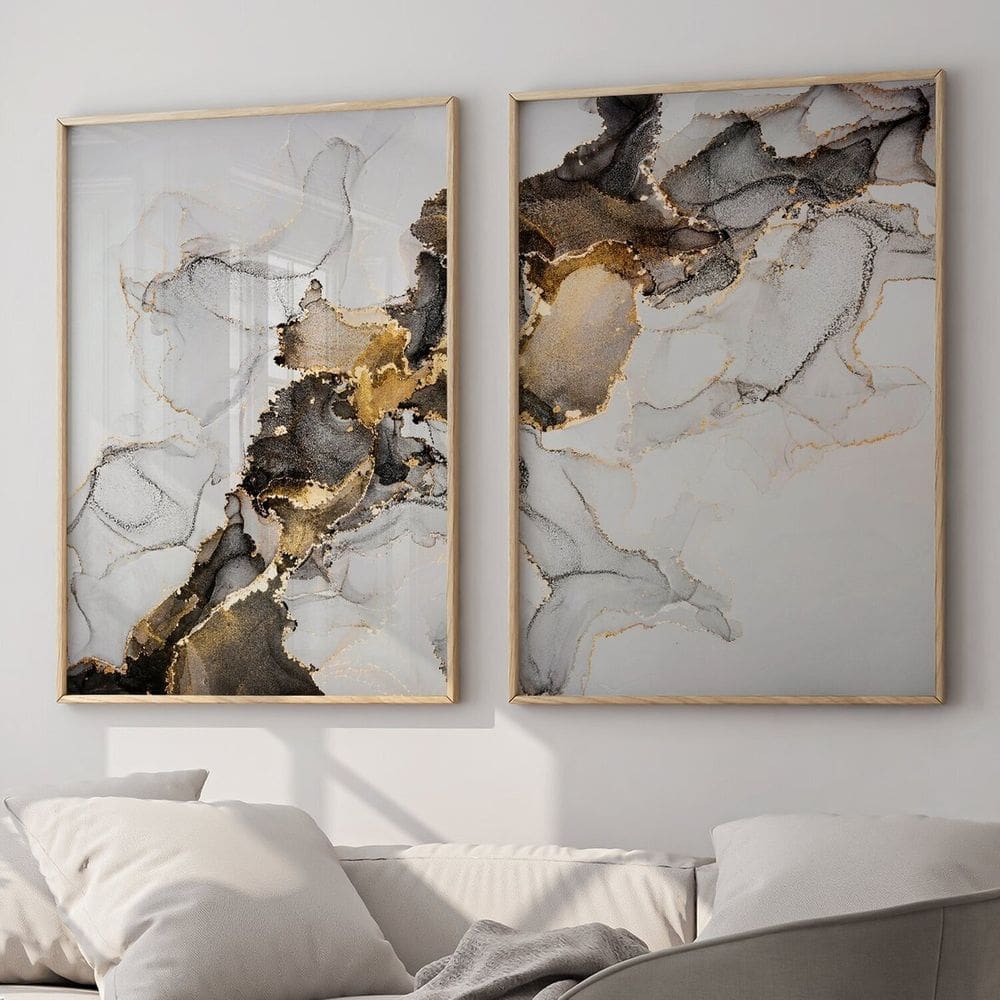 Quadro Decorativo Ouro e Cinza 2 Telas 60x90cm para Sala Quarto Escritório