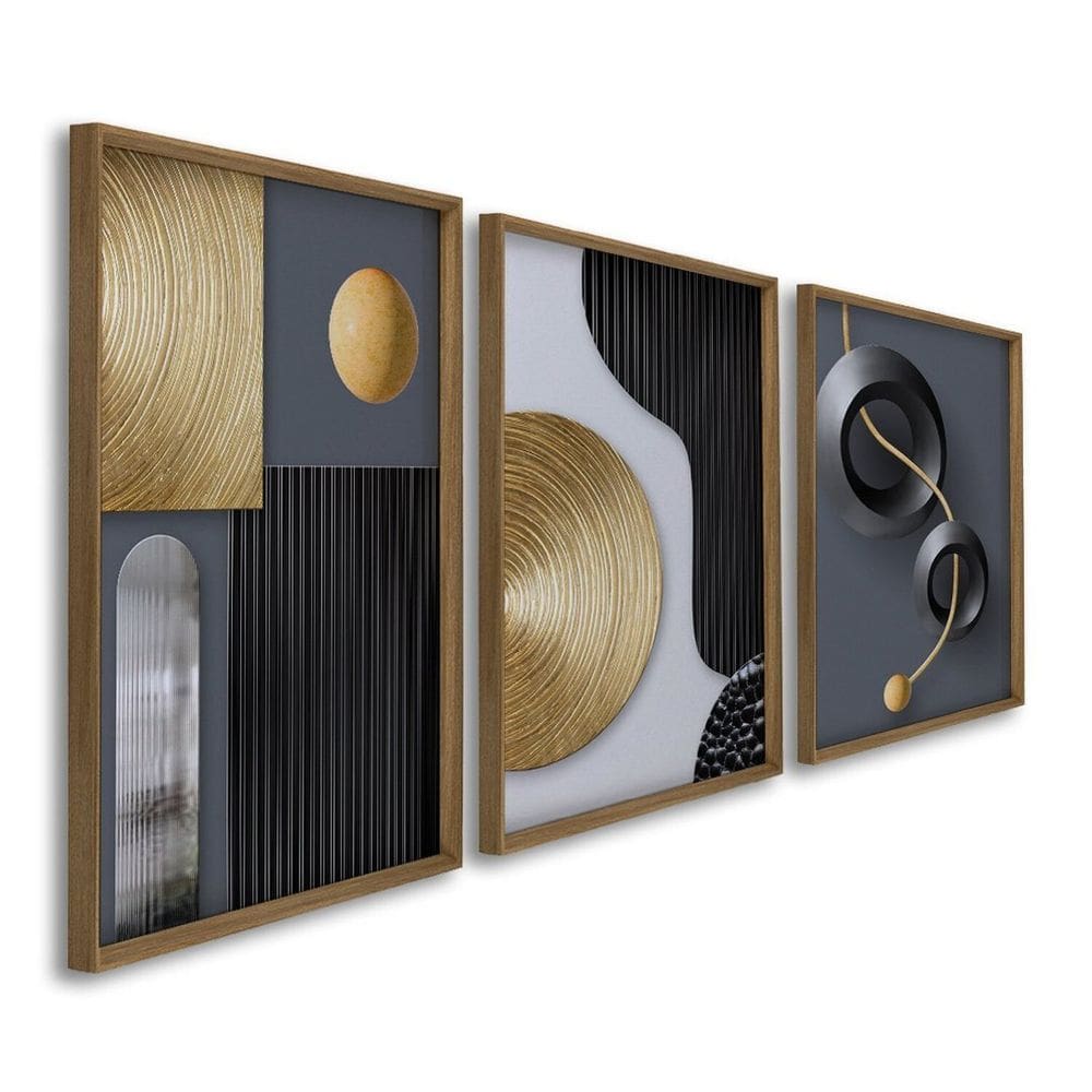 Quadro Decorativo Abstrato Formas e Linhas 3 Telas 60x90 para Sala Quarto Escritório