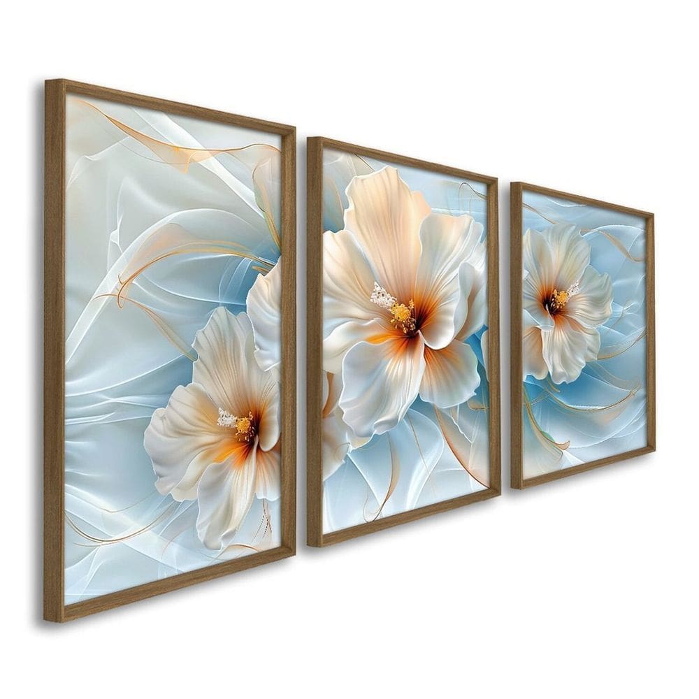 Quadro Decorativo Floral Flor de Hibisco 3 Telas 60x90cm para Sala Quarto Escritório