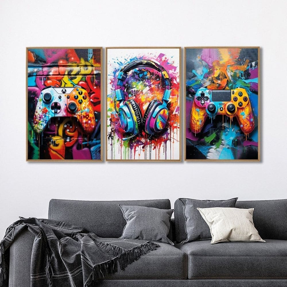 Quadro Decorativo Vídeo Game Modelo Gamer 3 Telas 60x90 para Sala Quarto Escritório