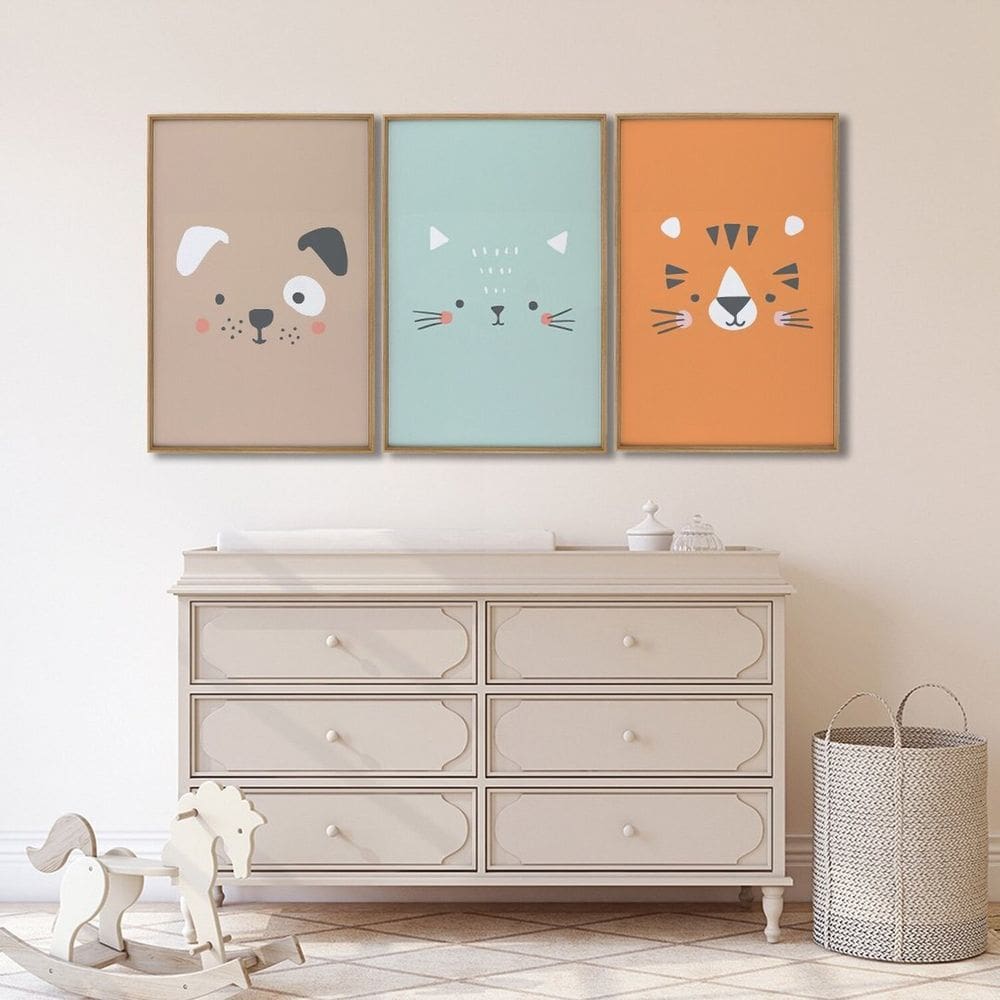 Quadro Decorativo Infantil Mundo Animal Cachorro e Felinos 3 Telas 60x90 para Quarto Sala