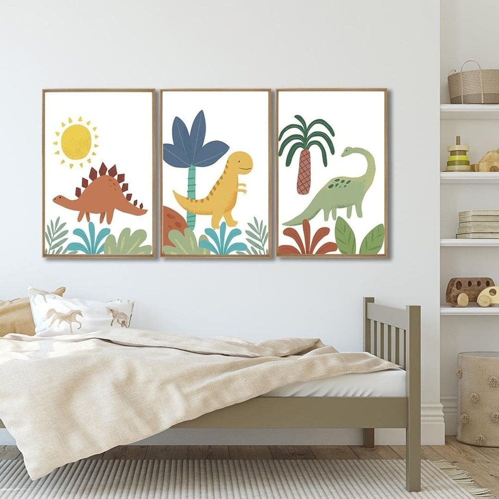 Quadro Decorativo Infantil Dinossauros 3 Telas 60x90 Cm para Quarto Sala Brinquedoteca