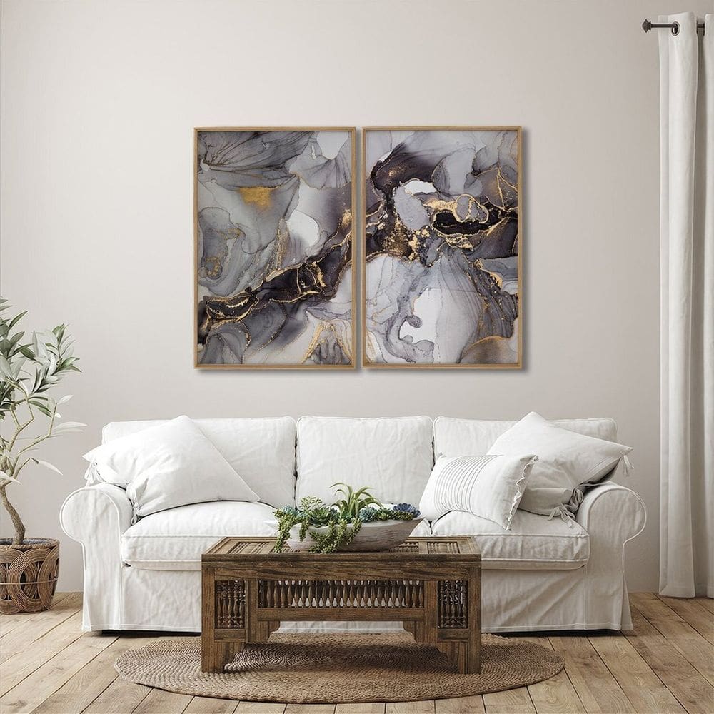 Quadro Decorativo Cinza e Ouro 2 Telas 60x90 para Sala Quarto Escritório