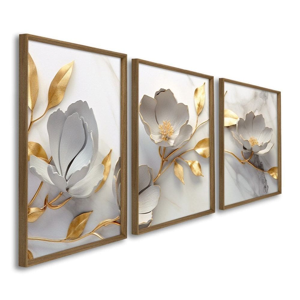 Quadro Decorativo Delicado Floral 3 Telas 60x90 para Sala Quarto Banheiro