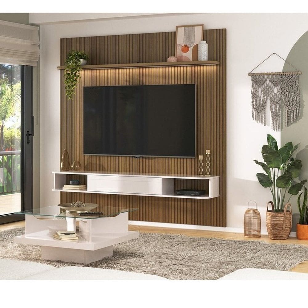 Conjunto Sala de Estar Mesa de Centro Clear e Painel Belluno que Acompanha Suporte para Tv Pinho Ripado/Off White