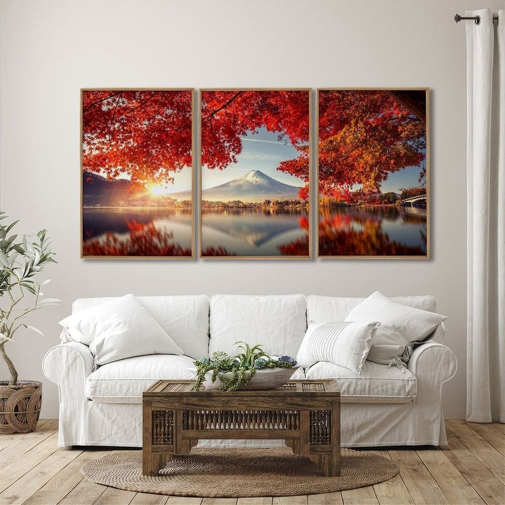 Quadro Decorativo Paisagem Montanhas e Flores 3 Telas 60x90 para Sala Quarto Escritório