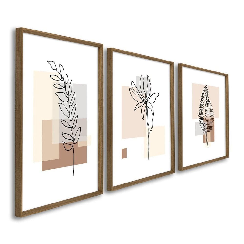 Quadro Decorativo Folhas Abstratas 3 Telas 60x90cm para Escritório Hall Quarto