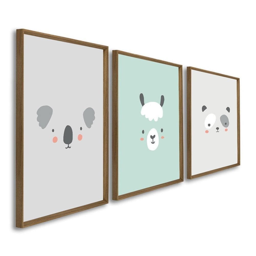 Quadro Decorativo Infantil Mundo Animal Coala e Panda 3 Telas 60x90 para Quarto Sala Brinquedoteca