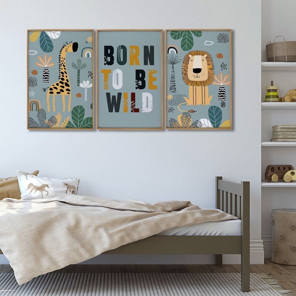 Quadro Decorativo Infantil Pequenos Selvagens 3 Telas 60x90 para Quarto Sala Brinquedoteca