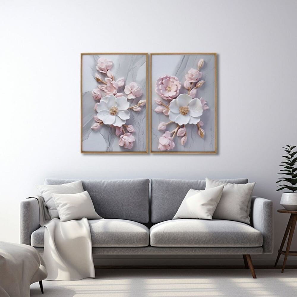 Quadro Decorativo Floral Artístico Flor de Porcelana 2 Telas 60x90cm para Sala Quarto Escritório