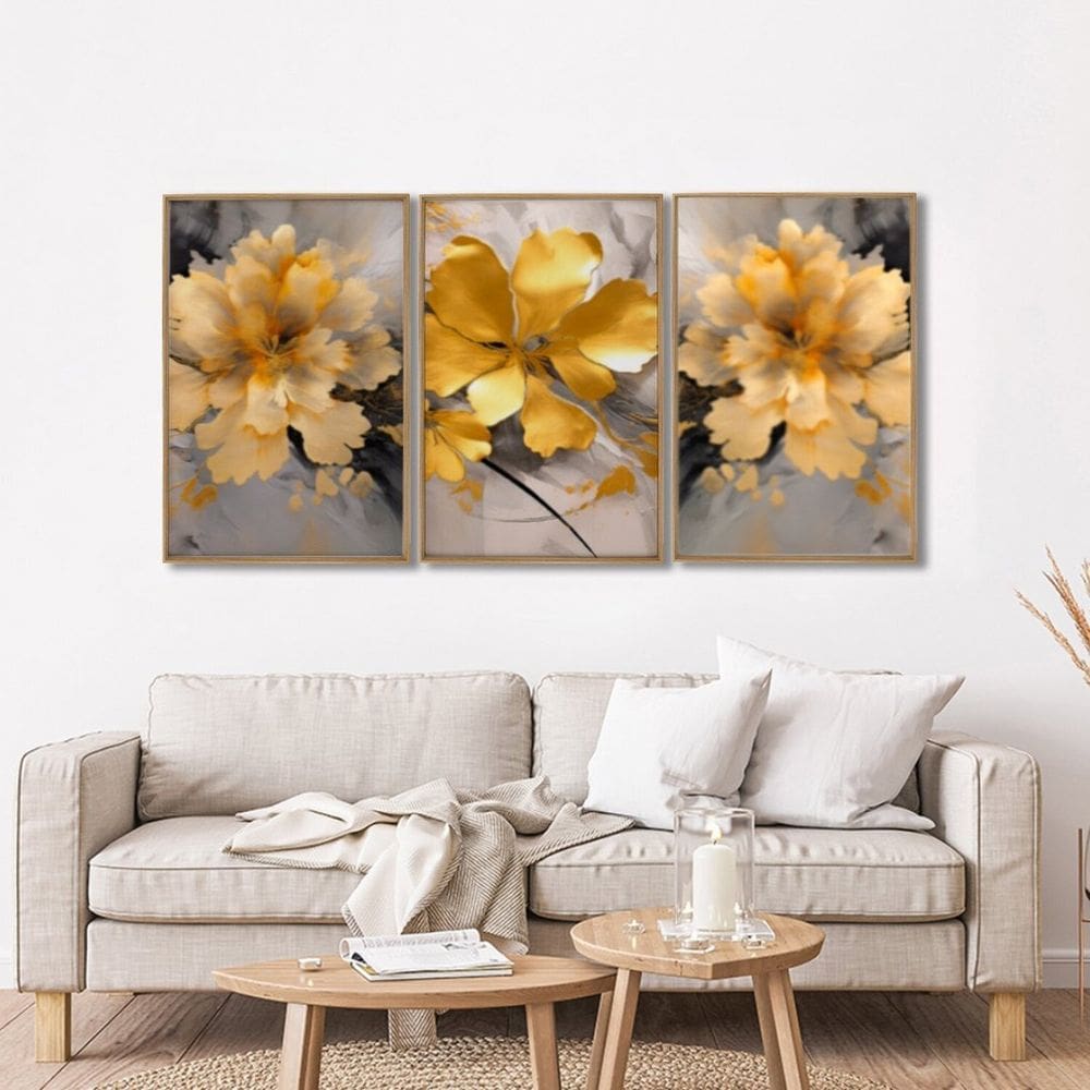Quadro Decorativo Abstrato Floral Amarelo 3 Telas 60x90 para Sala Quarto Escritório