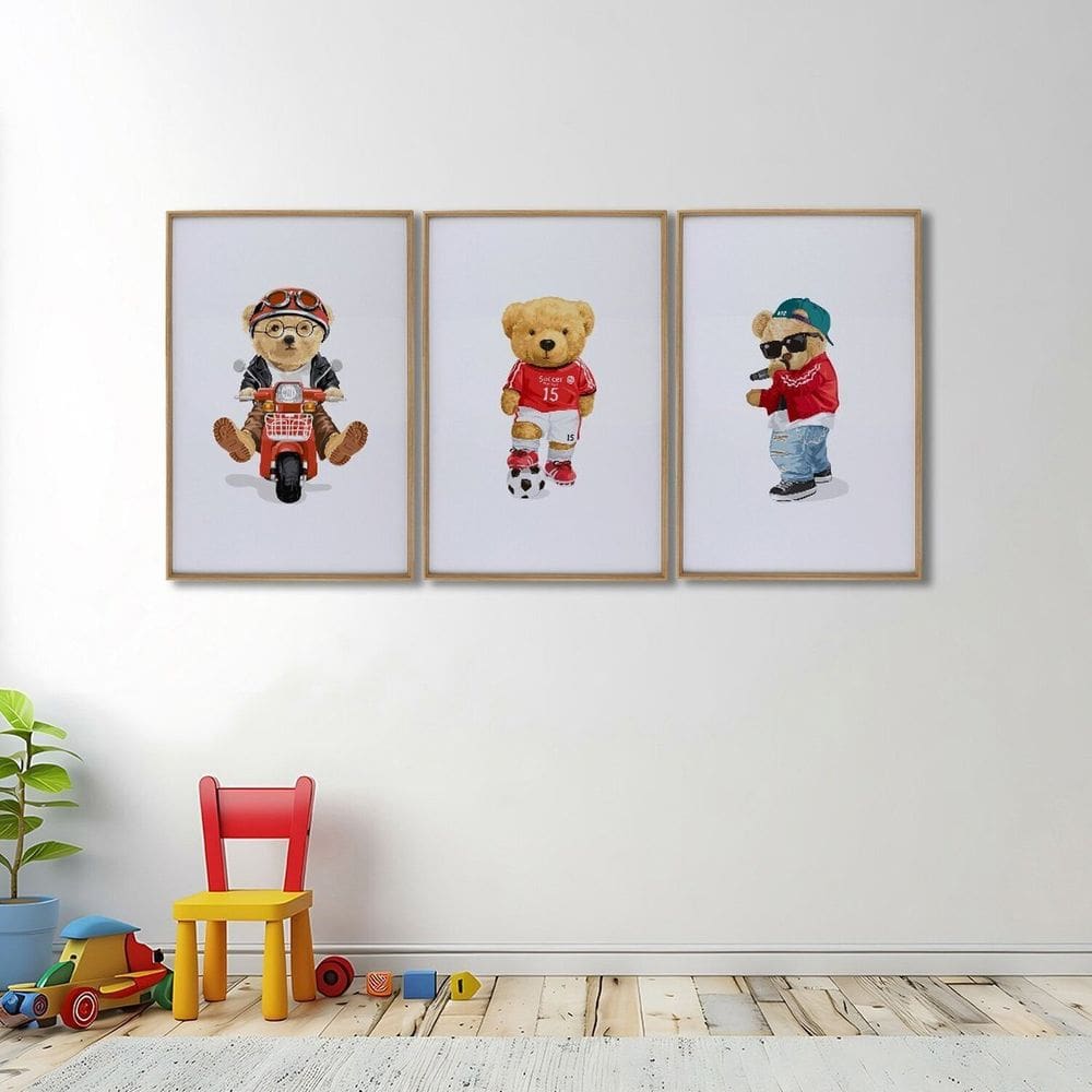 Quadro Decorativo Infantil Ursinhos Estilosos 3 Telas 60x90 para Quarto Sala Brinquedoteca