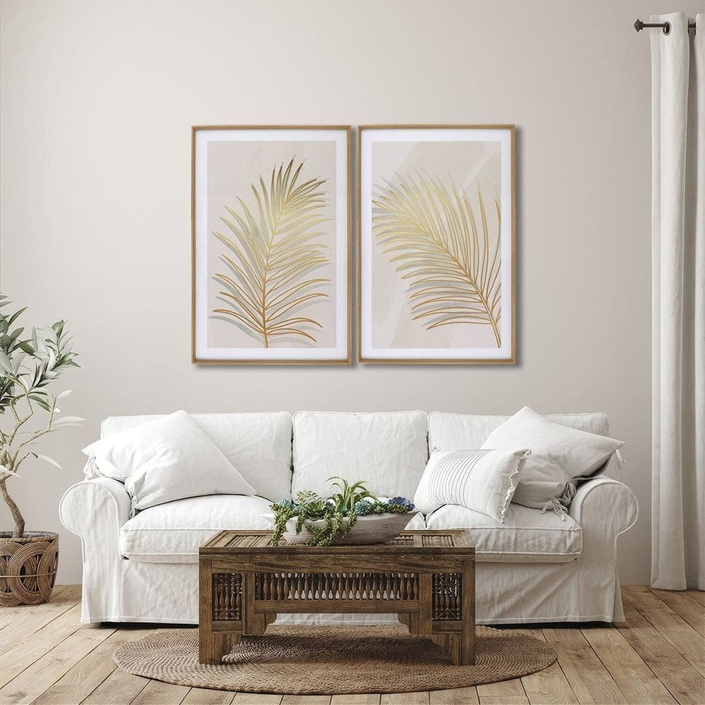 Quadro Decorativo Modelo Folha Dourada 2 Telas 60x90cm para Sala Quarto Escritório