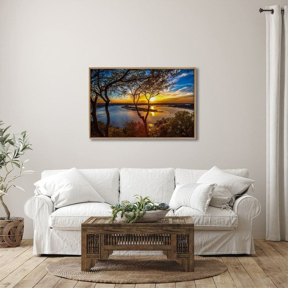 Quadro Decorativo Paisagem Lago com Árvores e Pôr do Sol 1 Tela 60x90 para Sala Quarto Hall