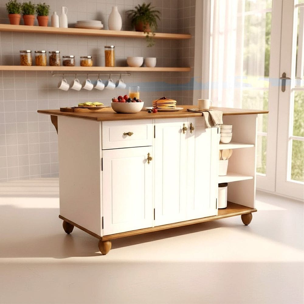 Ilha com Tampo Base e Pés de Madeira Maciça Joy Off White