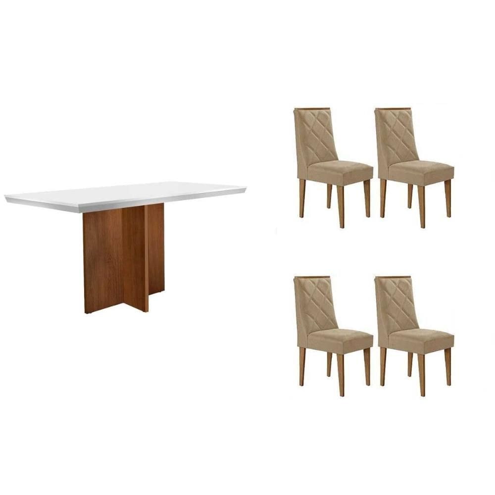 Conjunto Sala de Jantar Berlim c/ Tampo Madeirado c/ Vidro Canto Curvo 120x80cm e 4 Cadeiras Pietá Madeira Maciça Naturale/Off White - Capuccino/Suede