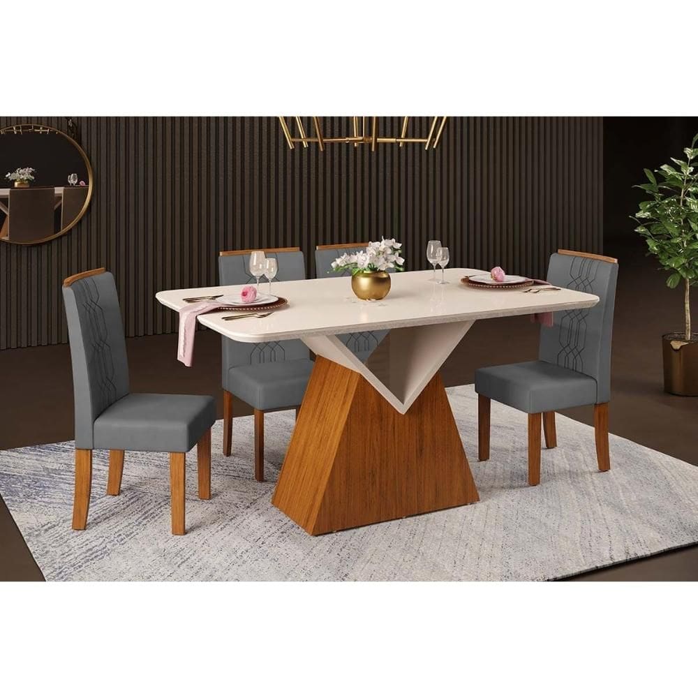 Sala de Jantar Completa Argo c/ Tampo Madeirado c/ Vidro Curvo 136x90cm e 4 Cadeiras Zoe Freijo/Off White - Suede Lunar - DJ Móveis