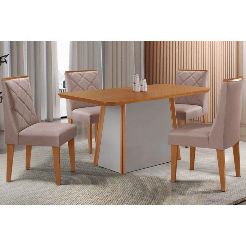 Conjunto Sala de Jantar Tilia c/ Tampo Madeirado Canto Curvo 120x80cm e 4 Cadeiras Pietá Madeira Maciça Naturale/Off White - Capuccino/Linho Capuccino