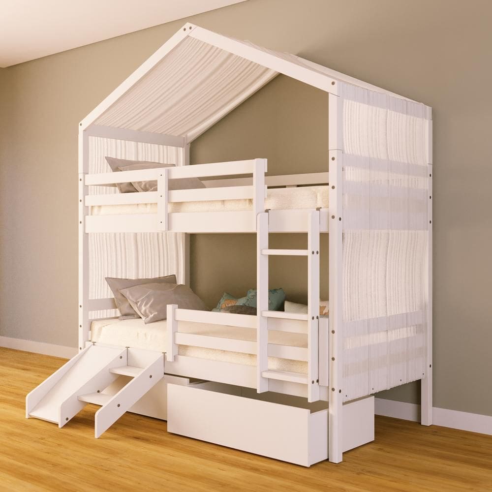 Beliche Solteiro Casinha com Gavetas Cortina Grade Proteção e Kit Escada/Escorregador Madeira Maciça Branco Megamobilia