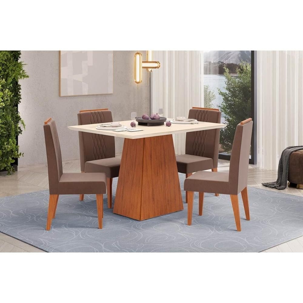 Sala de Jantar Completa Dulce c/ Tampo Madeirado c/ Vidro Reto 120x90cm e 4 Cadeiras Lia Freijo/Off White - Suede Moca - DJ Móveis