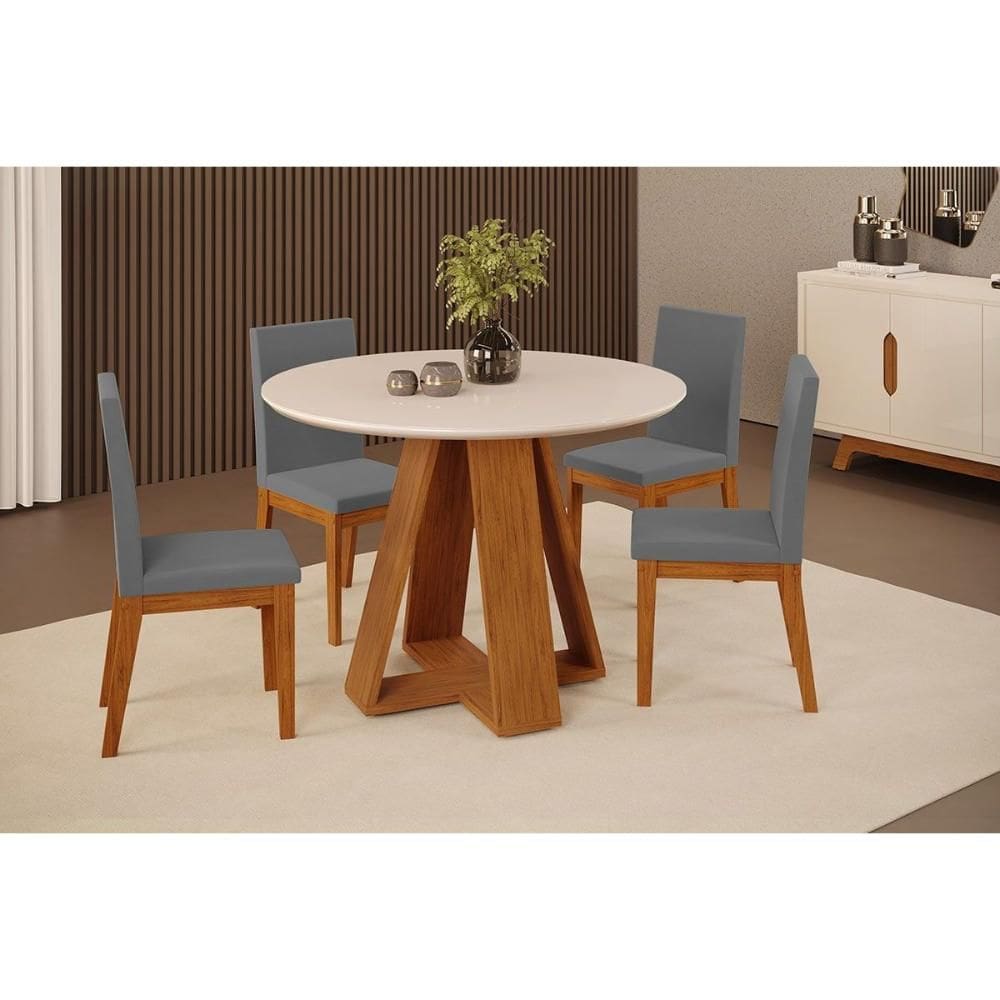 Sala de Jantar Completa Celeste c/ Tampo Madeirado c/ Vidro Redondo 103x103cm e 4 Cadeiras Suzy Freijo/Off White - Suede Lunar - DJ Móveis