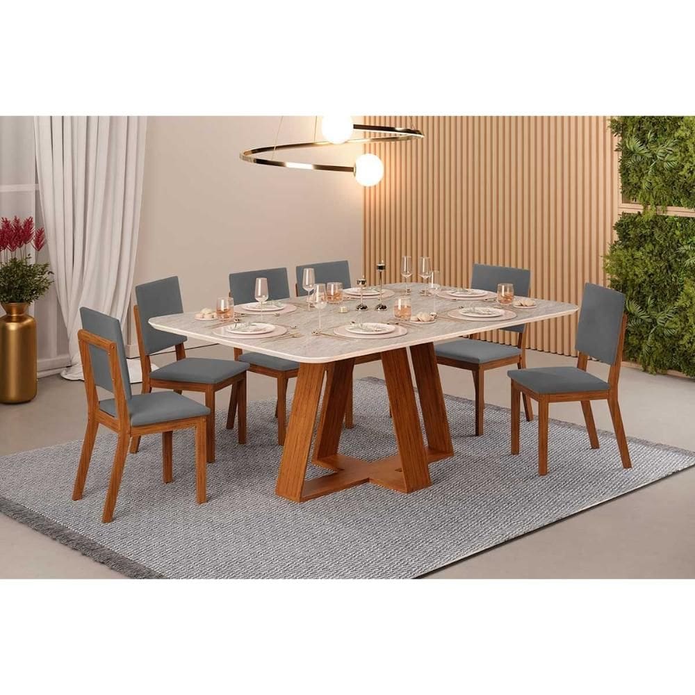 Sala de Jantar Completa Celeste c/ Tampo Madeirado Retangular 170x90cm e 6 Cadeiras Talia Freijo/Quartzo - Suede Lunar - DJ Móveis