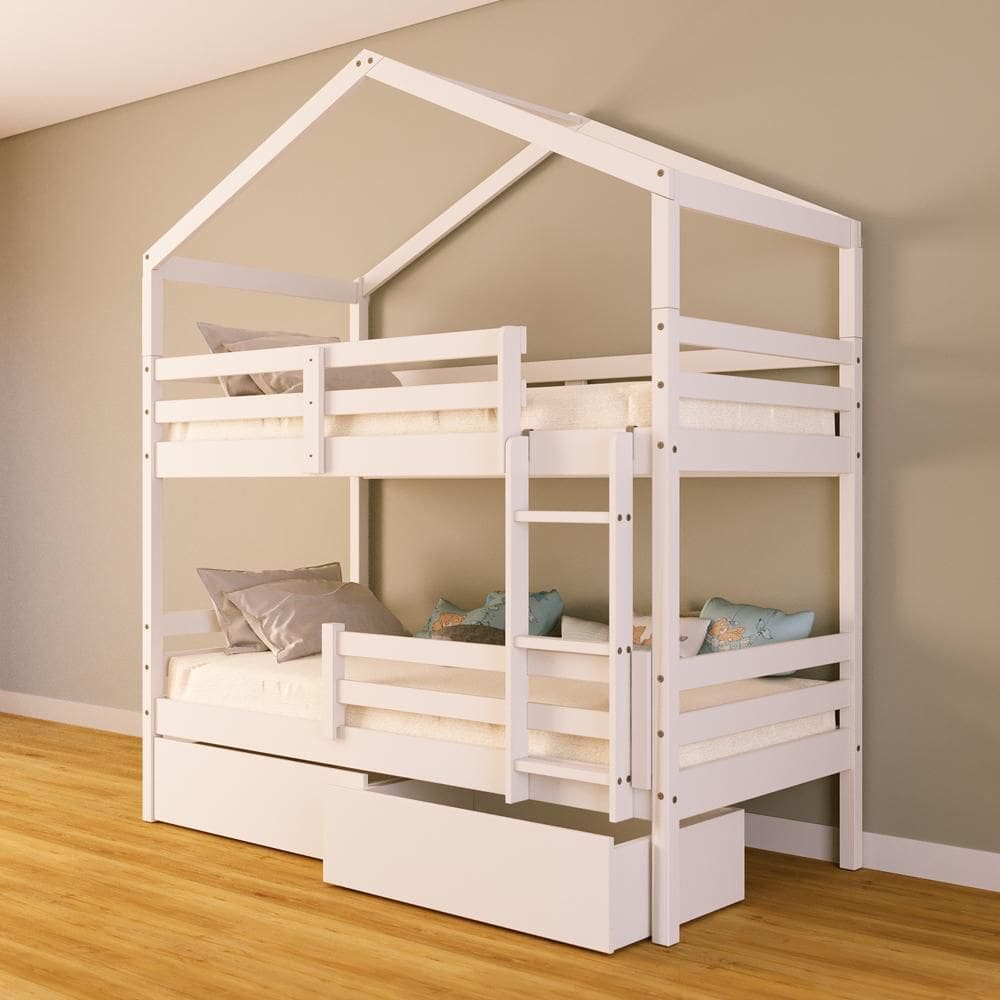 Beliche Solteiro Casinha com Gavetas e Grade Proteção Madeira Maciça Branco Megamobilia