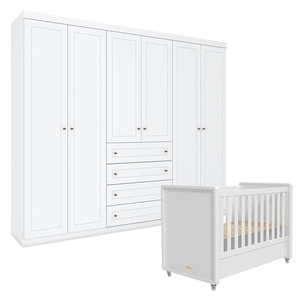 Berço Tutto New e Guarda Roupa Mississipi 6 Portas Branco Fosco - Matic