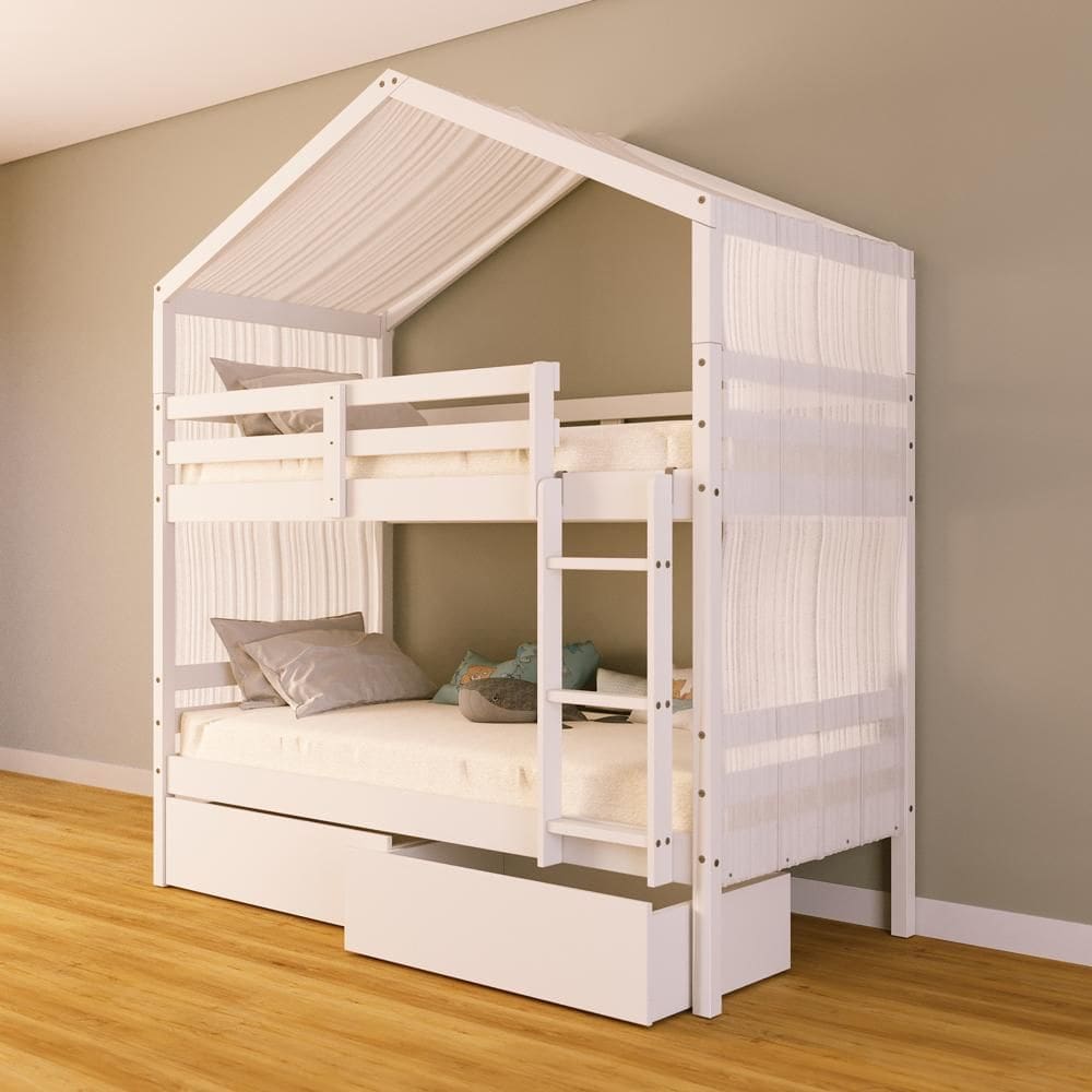 Beliche Solteiro Casinha com Gavetas e Cortina Madeira Maciça Branco Megamobilia