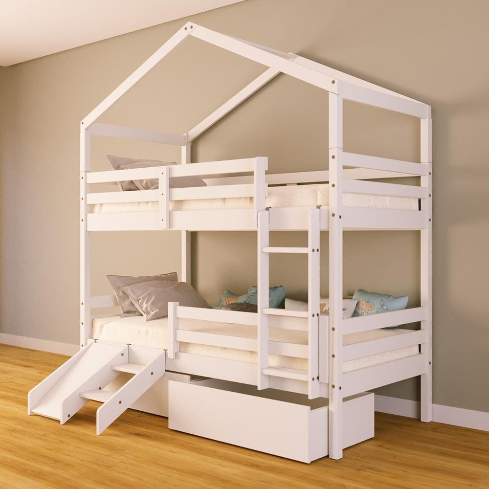 Beliche Solteiro Casinha com Gavetas Grade Proteção e Kit Escada/Escorregador Madeira Maciça Branco Megamobilia