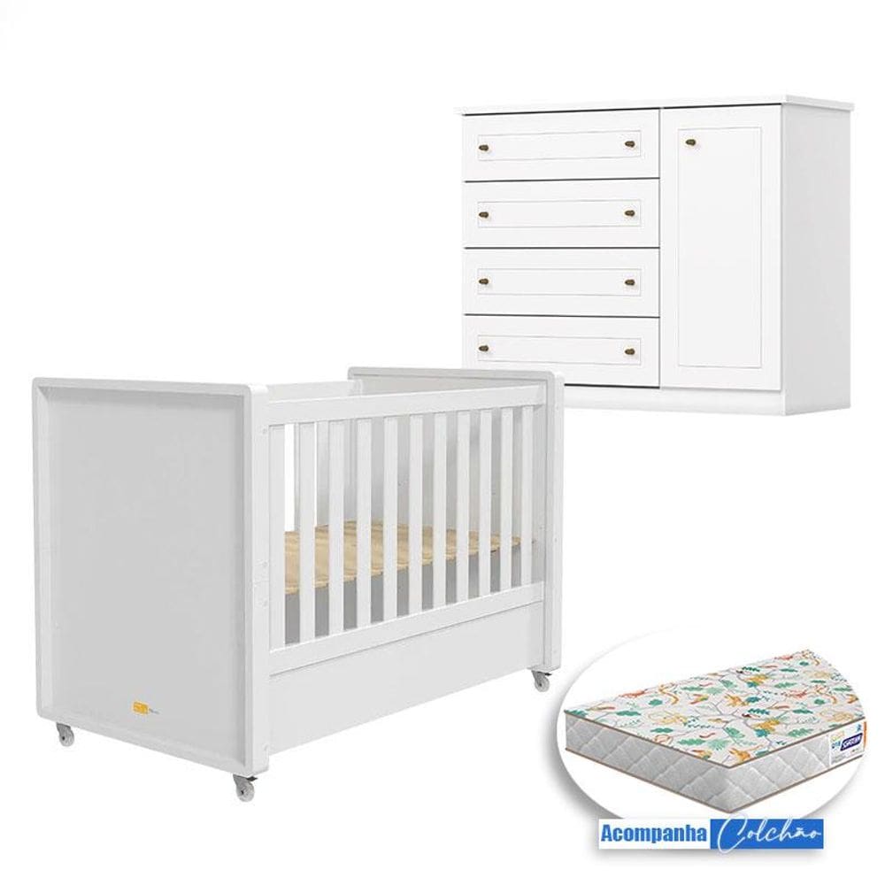 Berço Tutto New e Cômoda Infantil Mississipi Branco Fosco com Colchão Gazin - Matic
