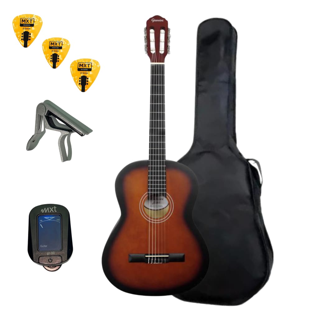 KIT VIOLÃO INICIANTE GIANNINI CLÁSSICO START ESTUDO N-14 C/BAG PALHETA + Capotraste Afinador