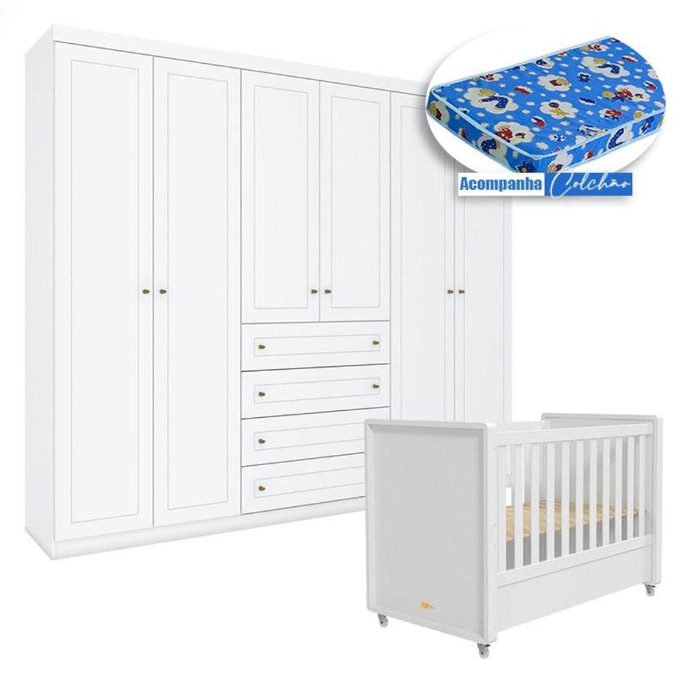 Berço Tutto New com Guarda Roupa Mississipi 6 Portas Branco Fosco e Colchão Ortobom - Matic
