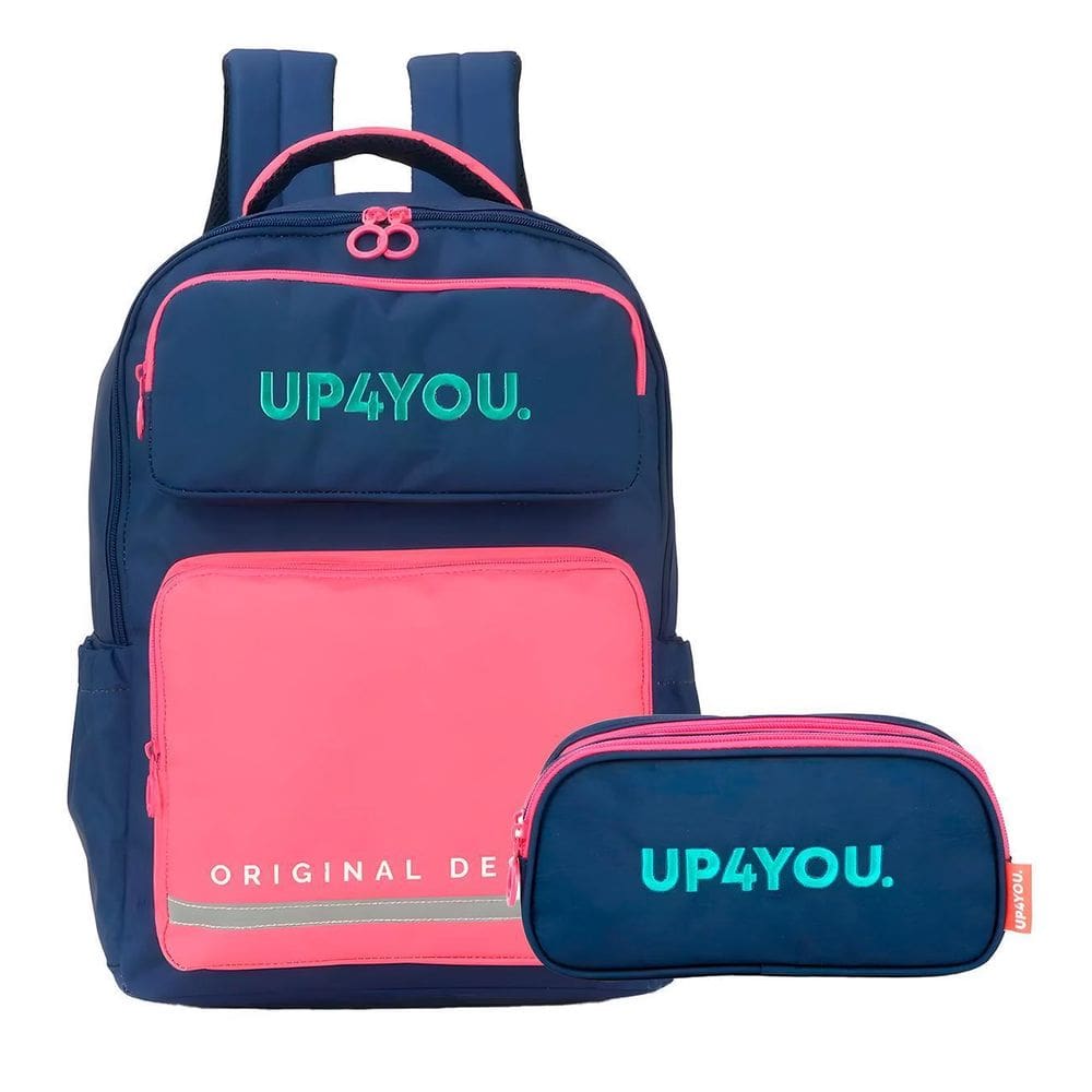 Mochila Escolar E Estojo Up4You Azul E Rosa
