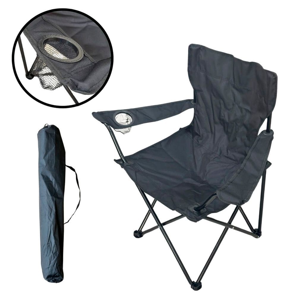 Cadeira Banco Banqueta Pesca Camping Praia com Apoio de Braço e Porta Copos Preta Importway IWCDC-PT
