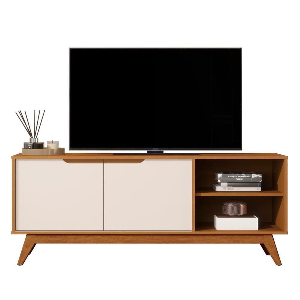 Rack Bancada Tucumã 1.4 Tv Até 60 Pol. Pés De Madeira Maciça Nature-off White