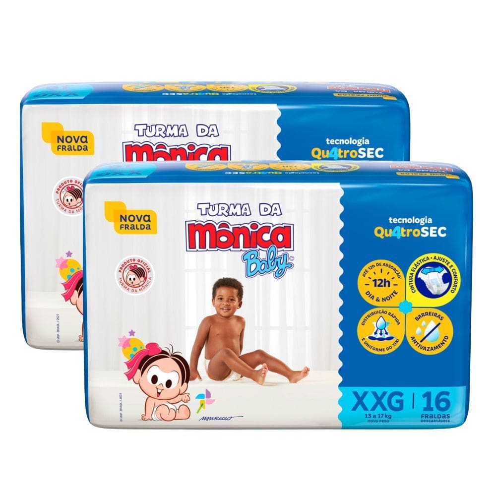Kit 2 Fralda Turma da Mônica Baby Jumbo Tamanho XXG 16 Unidades Descartáveis