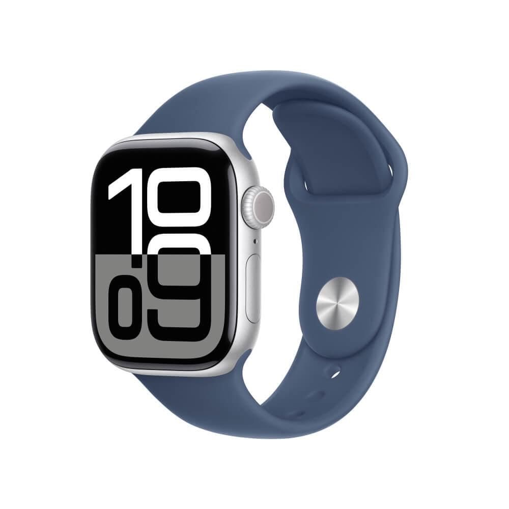 Apple Watch Series 10 GPS + Cellular • Caixa prateada de alumínio – 42 mm • Pulseira esportiva denim – M/G