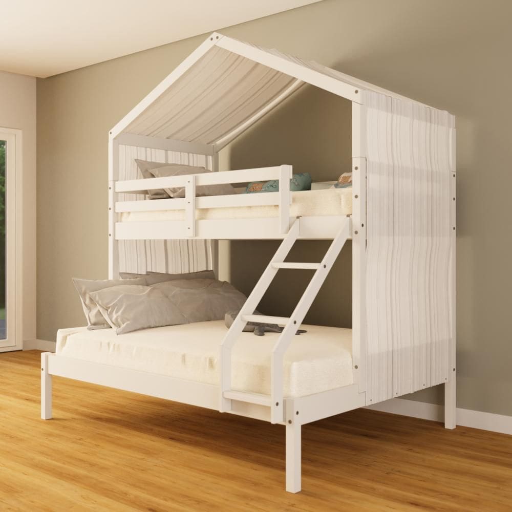 Beliche Casal/ Solteiro Casinha com Cortina Madeira Maciça Branco Megamobilia