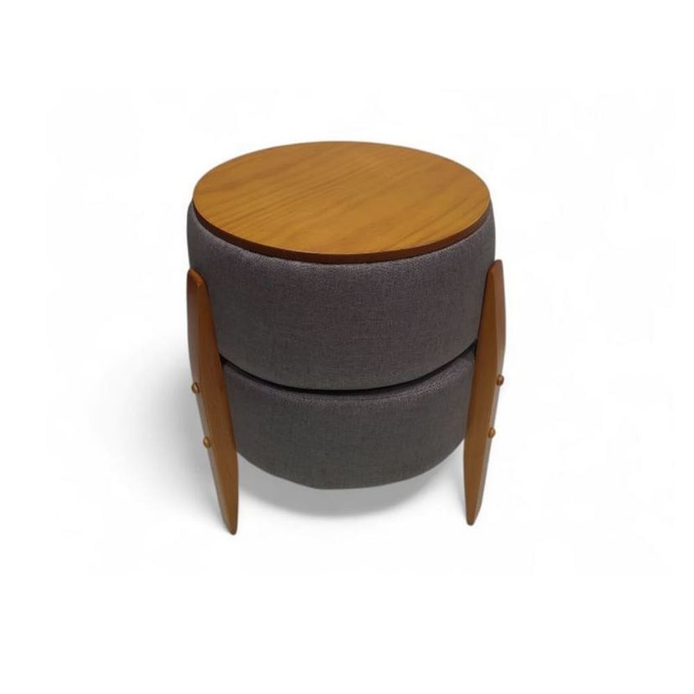 Puff Vira Mesa Estofado Redondo Pés Madeira Maciça -Mumbai