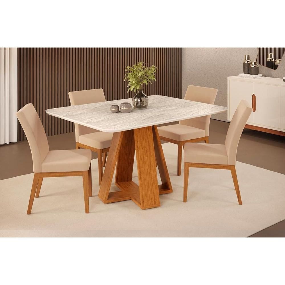 Sala de Jantar Completa Celeste c/ Tampo Madeirado Curvo 120x90cm e 4 Cadeiras Isadora Freijo/Quartzo - Ipe/Suede Creme - DJ Móveis