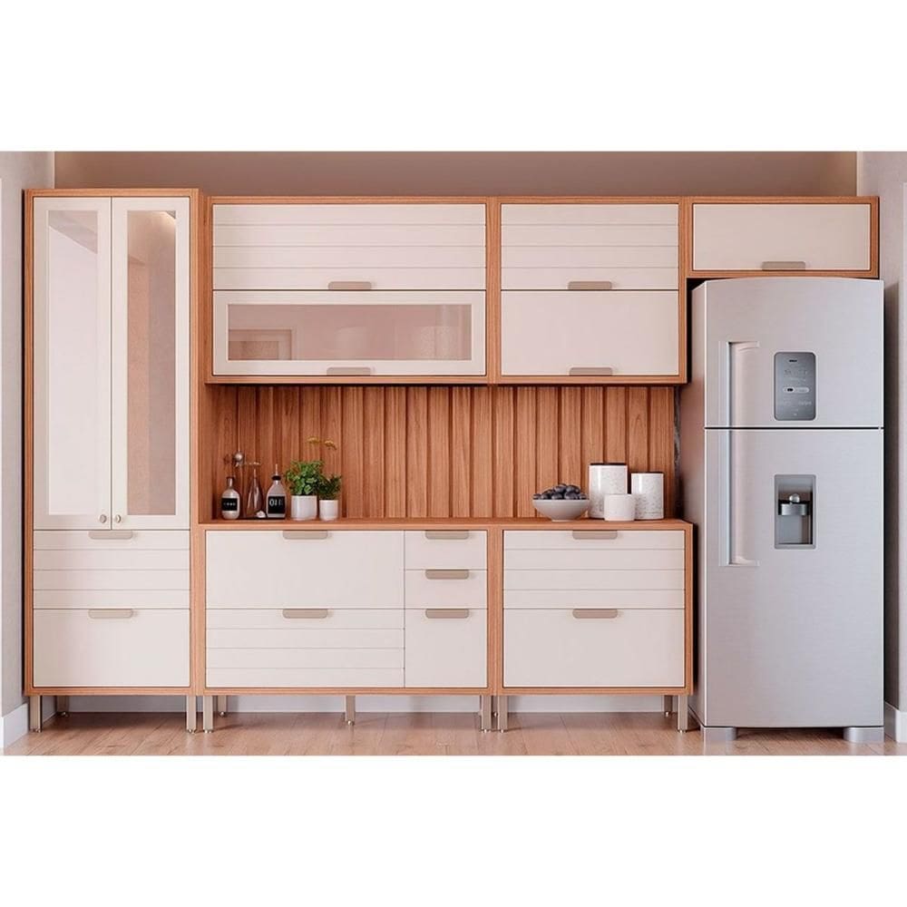 Cozinha Completa Eloise 8 Peças (3Aéreos+2Balcões+1Cristaleira+2Complementos) C8P179 Cinamomo/Off White - MGM