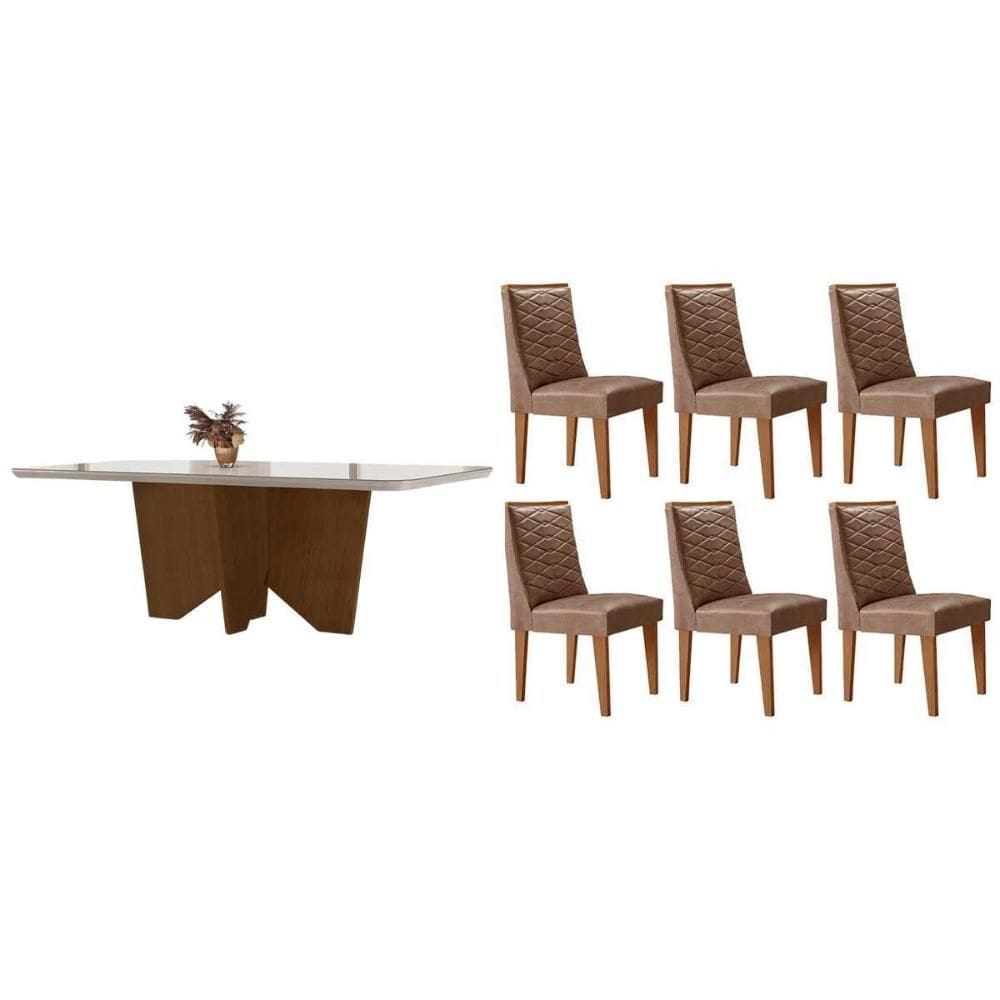 Conjunto Sala de Jantar Nevada c/ Tampo Madeirado c/ Vidro Canto Curvo 180x90cm e 6 Cadeiras Dafne Madeira Maciça Naturale/Off White - Capuccino/Coran