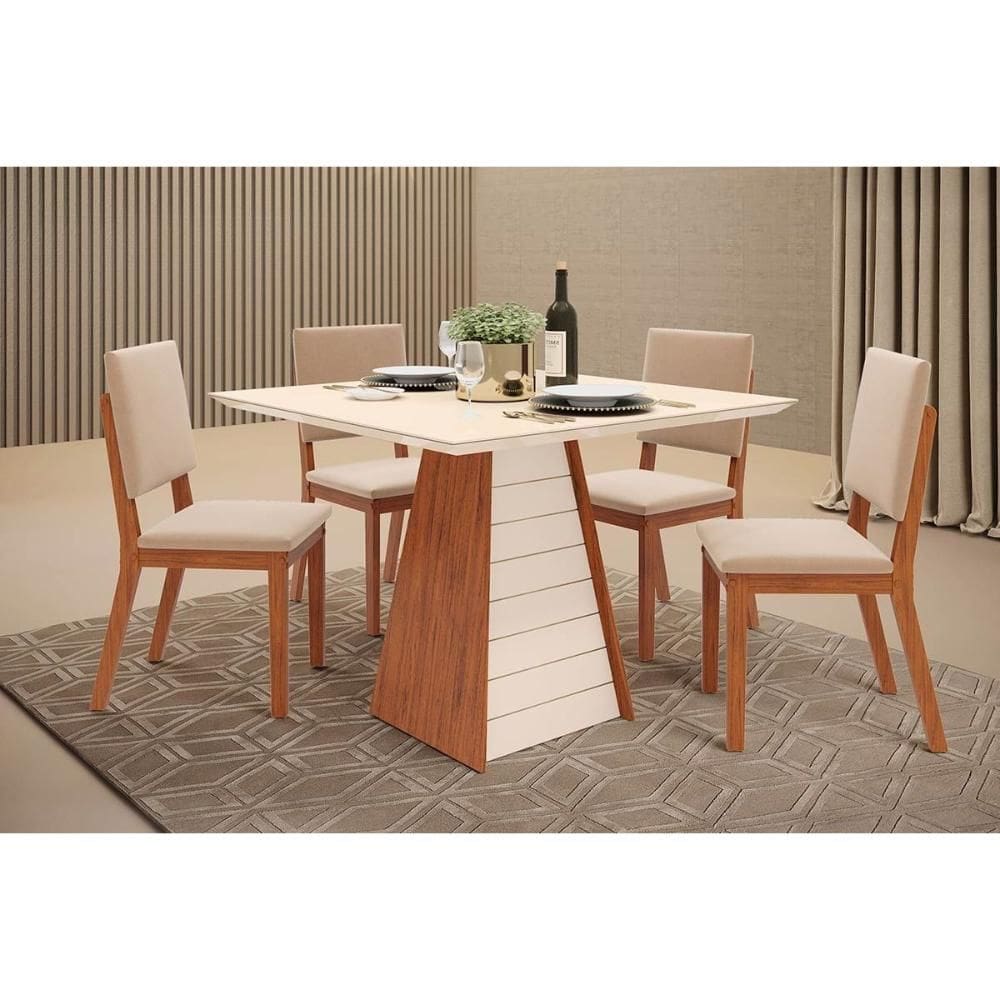 Sala de Jantar Completa Fler c/ Tampo Madeirado c/ Vidro 90x90cm e 4 Cadeiras Talia Freijo/Off White - Suede Creme - DJ Móveis