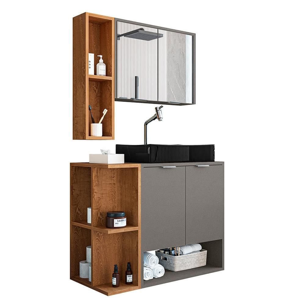 Gabinete Banheiro Star com Espelheira e Cuba Dalla Preta Pistache/Naturale