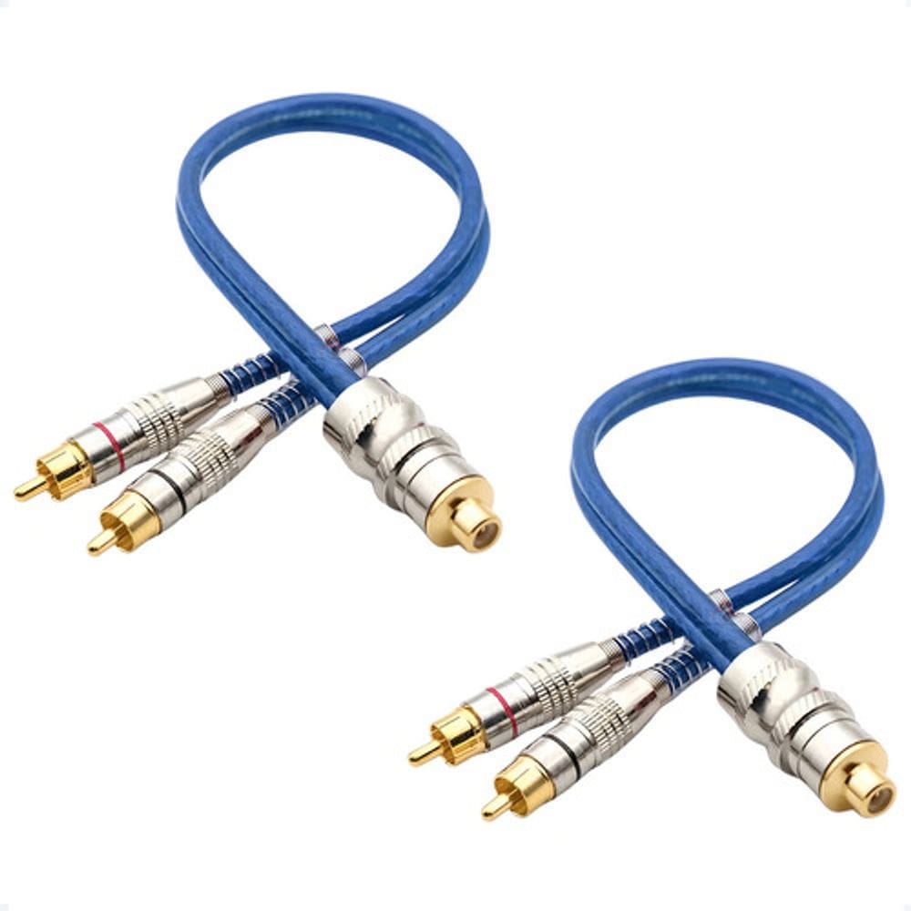 2 Cabos Y Rca 2 Machos 1 Fêmea Prime Plug Metal 5mm Azul Blindado Pontas Banhados A Ouro Químico