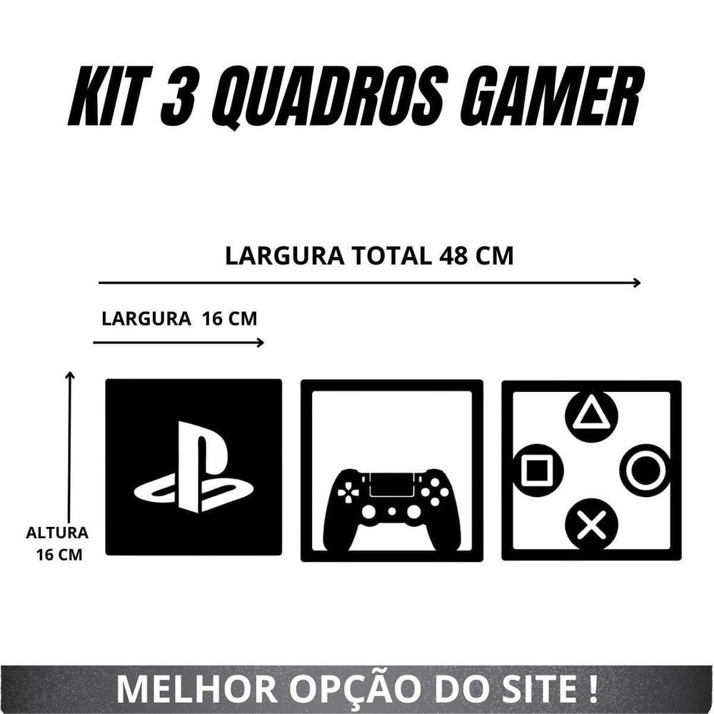 Kit 3 Quadros Vazados Gamer Jogos Geek Play Mdf Preto