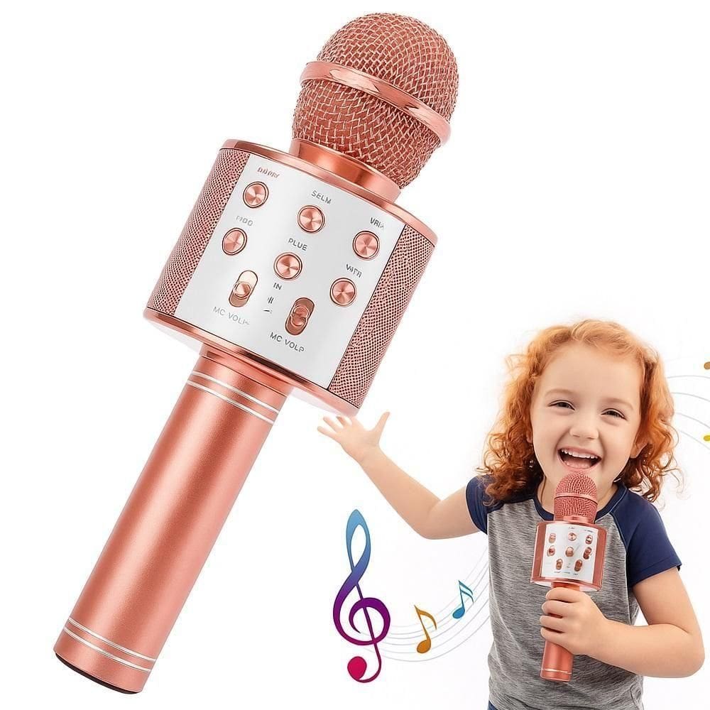 Microfone Karaoke Portatil Cantar Festas Reunioes Brincadeira Caixa De Som Bluetooth Portatil Sem Fio Rose Gold