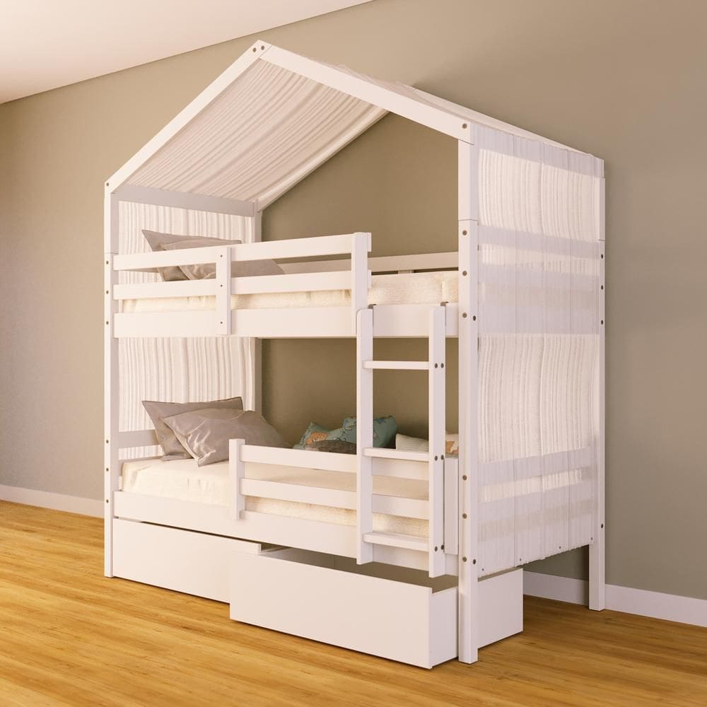 Beliche Solteiro Casinha com Gavetas e Cortina e Grade de Proteção Madeira Maciça Branco Megamobilia