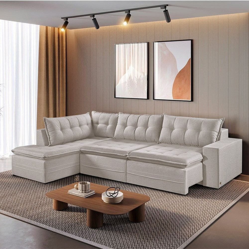 Sofá Retrátil 6 Lugares 296cm com Chaise a Esquerda de 91cm Presidente Cru